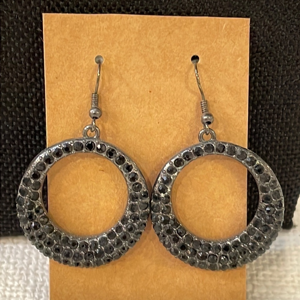 💐5/25 round open circle black faceted crystal dangle drop statement earrings